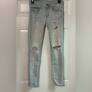 American Eagle Jeans Size 2 Light Blue Distressed Stretch Skinny Holes
